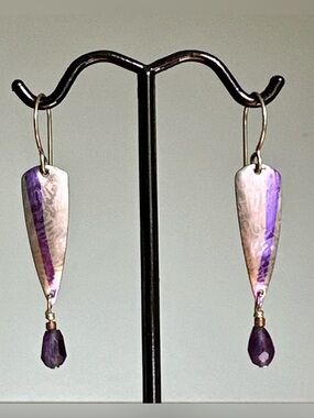 Artisan Hammered Purple Inlay Shield Earrings W/ Purple Drops